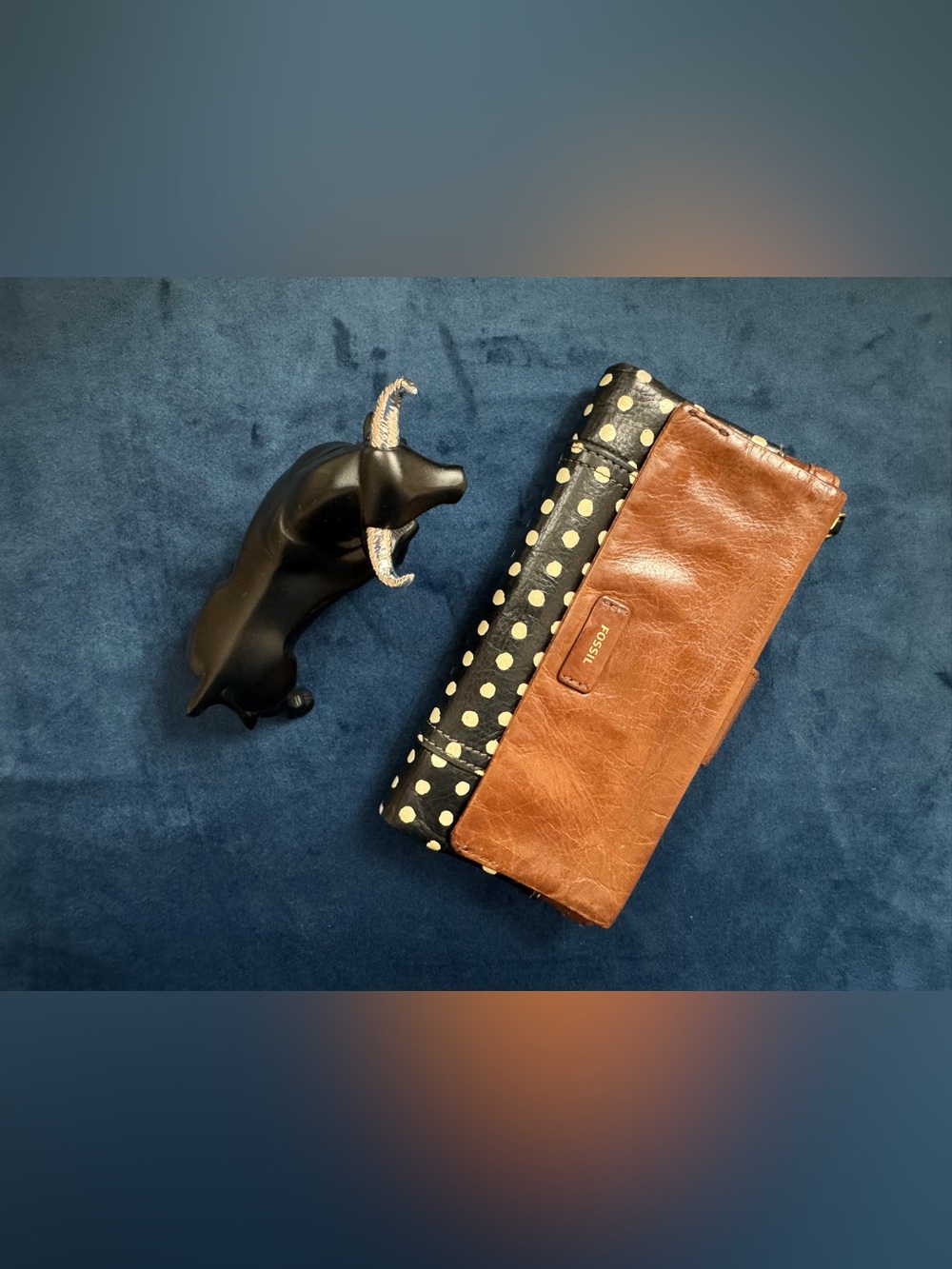 Fossil Black Polka Dot & Brown Leather Card Holder